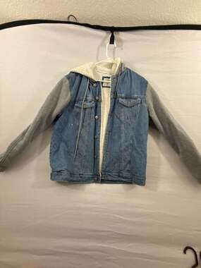 V.A.L.A. Medium Blue Denim and Gray Sweatshirt Hooded Sherpa Lined Jacket Size M